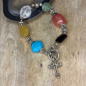 Handcrafted, Silver With Cross Toggle Bracelet Colourful Glass Beaded